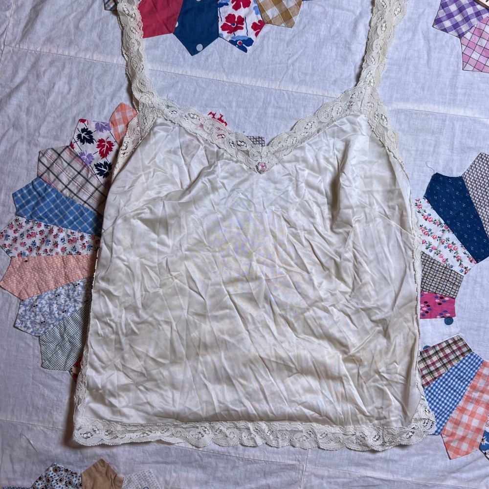 Vintage Cream Lace Trim Silky Camisole Top V-Neck Pink Rosette Detail Medium